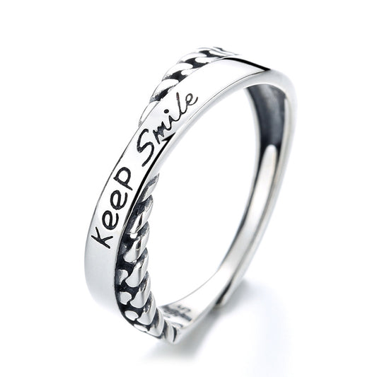 Keep Smile Words Print Cross-over S925 Sterling Silver Ring Fashion Personality INS Style