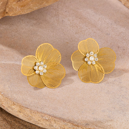 French Vintage Pearl Earrings - Minimalist Flower Studs with Zircon | Titanium Steel Ins Jewelry