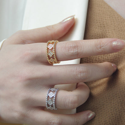Luxury Hollow Clover Ring - Four-Leaf Diamond Accent Open Band, Dainty Stackable Gold/Silver Ring for Women