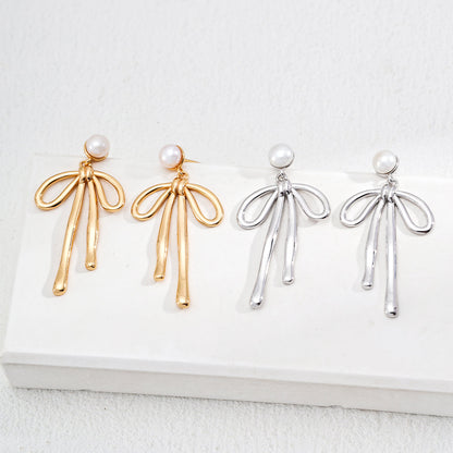 Vintage Gold Bow Pearl Earrings in 925 Sterling Silver - Timeless Retro Elegance