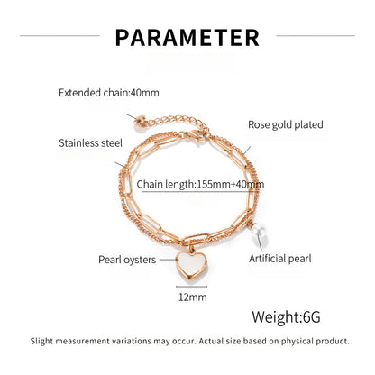 Luxury Double Layer Titanium Steel Pearl Bracelet for Women - Fashion Adjustable Heart Pendant Dainty Hand Jewelry