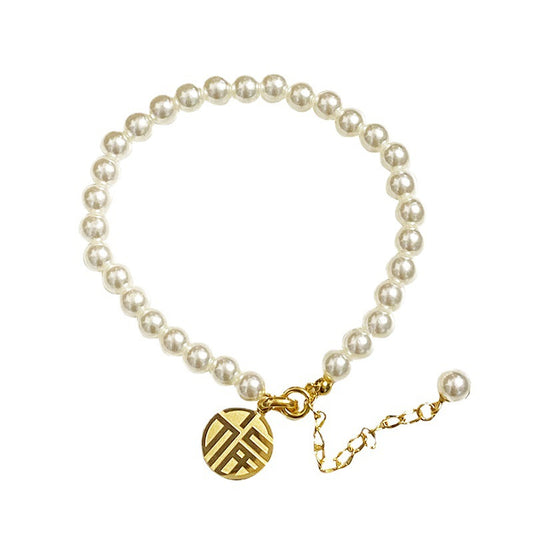 Lucky Pendant Pearl Tassel Bracelet - Titanium Steel Vintage Jewelry, Minimalist Dainty Chain for Women