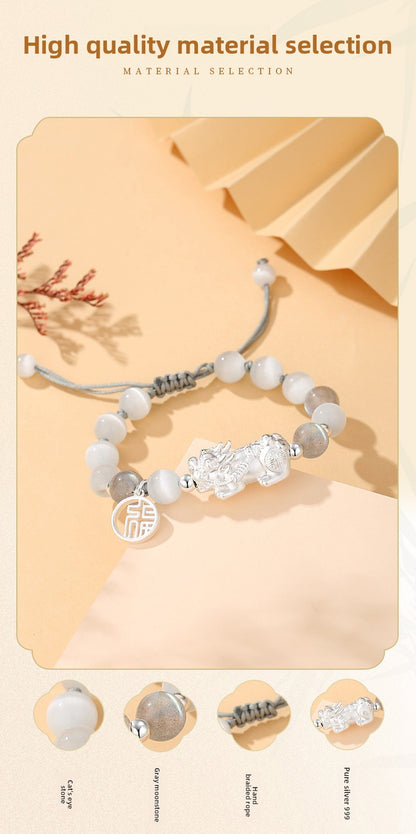 999 Pure Silver Lucky Pi Xiu Couple Bracelet - Chinese Knotwork Rope for Him & Her | Fu Symbol Protection Jewelry | Unique Valentine's Day Gift