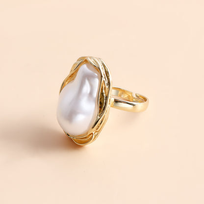 Vintage French Style Irregular Pearl Ring for Women - Exaggerated Open Adjustable Statement Ring, Unique Minimalist Design