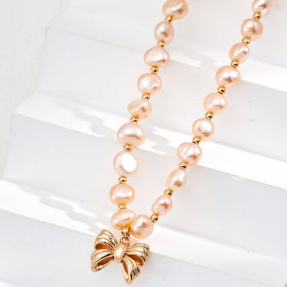 Natural Pearl Necklace with Sterling Silver Bow Pendant - Dainty & Elegant Jewelry Gift