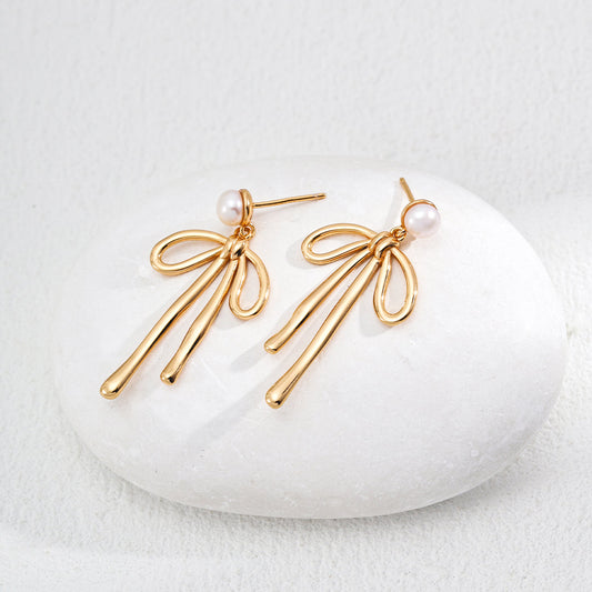 Vintage Gold Bow Pearl Earrings in 925 Sterling Silver - Timeless Retro Elegance