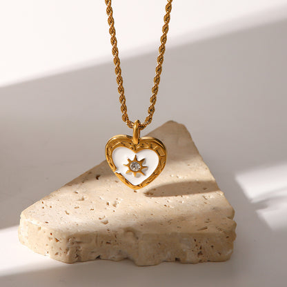 Vintage Stainless Steel & Titanium Love Heart Necklace with Zircon