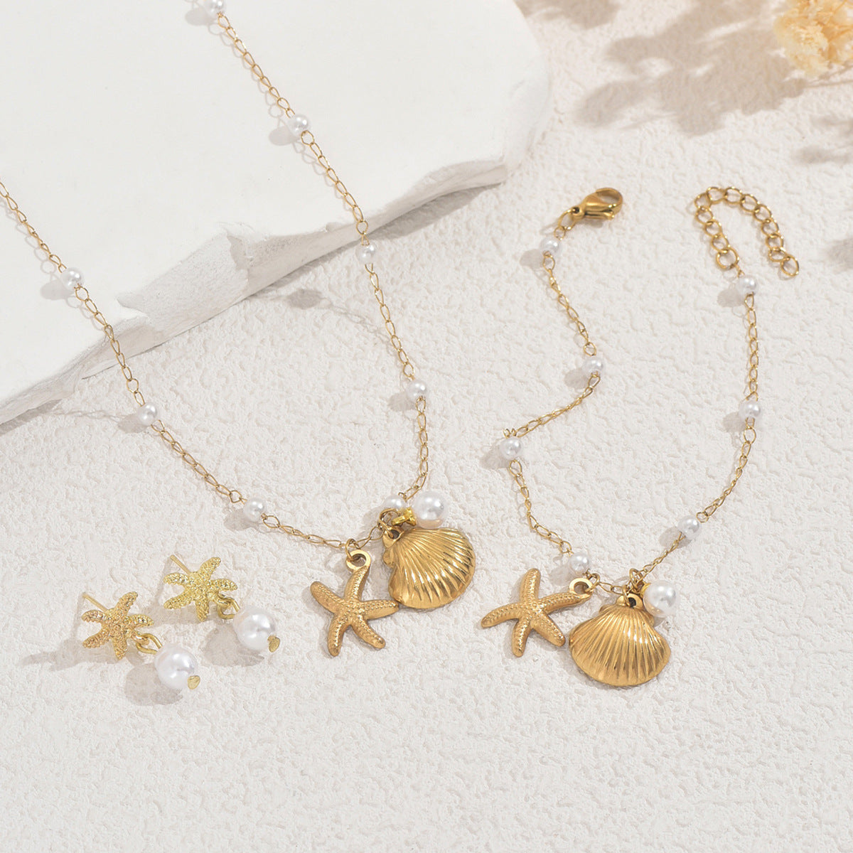 Ocean Jewelry Set for Women - Shell & Pearl Necklace Earrings Bracelet | Beachy Boho Accessories | Summer Vacation Jewelry Gift