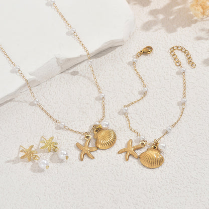 Ocean Jewelry Set for Women - Shell & Pearl Necklace Earrings Bracelet | Beachy Boho Accessories | Summer Vacation Jewelry Gift