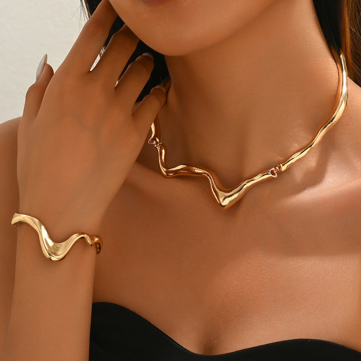 Liquid Lava Metal Jewelry Set for Women - Modern Twist Collar Necklace & Bracelet | Edgy Contemporary Statement Set