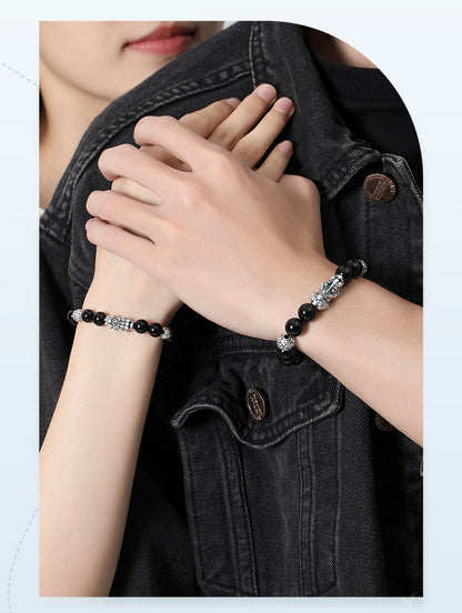 Pure Silver999Vintage Men's Accessories3D Hard Pixiu Bracelet Obsidian Bead Bracelet for Women520Valentine's Day gift for girlfriend
