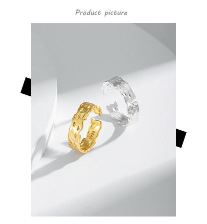 Irregular Concave-Convex Surface Tin Foil Pattern Ring for Women S925 Adjustable Silver Ring