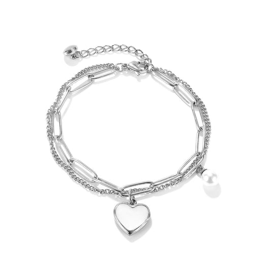 Luxury Double Layer Titanium Steel Pearl Bracelet for Women - Fashion Adjustable Heart Pendant Dainty Hand Jewelry