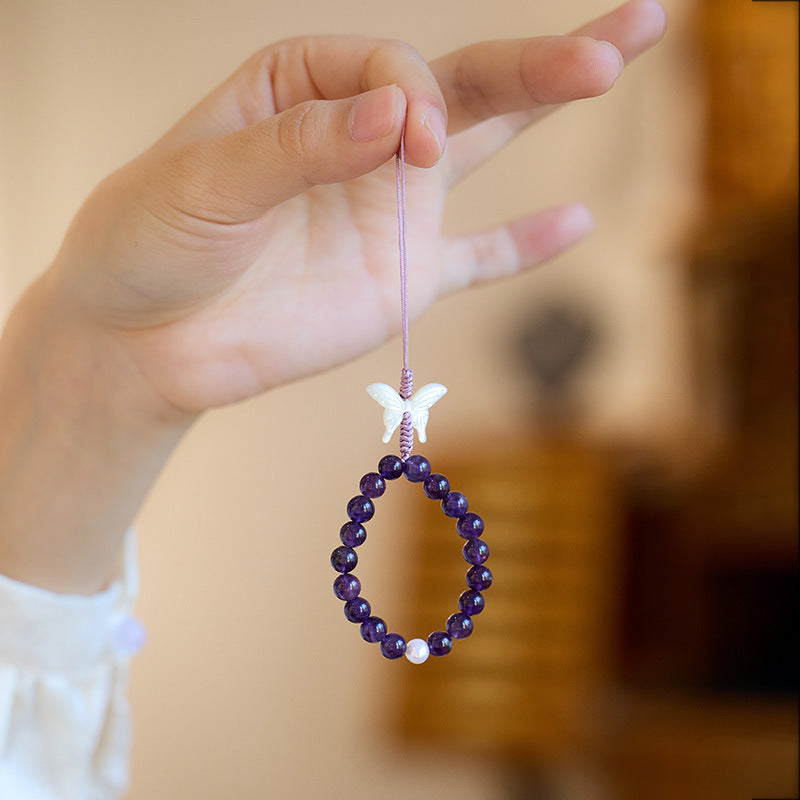 Natural Amethyst Phone Lanyard with Butterfly Charm – Short Keychain
