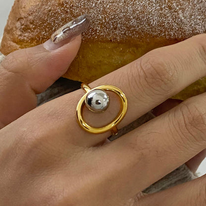 Modern Two-Tone Beaded Ring - Adjustable Open Band Titanium Steel Ring