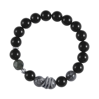 S925 Sterling Silver Black Obsidian & Tourmalinated Quartz Snake Year Bracelet | Yin Yang Protection Jewelry | Zen Buddhist Style Gift for Him