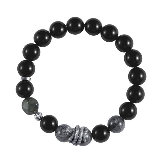 Men's 925 Sterling Silver Black Obsidian & Tourmalinated Quartz Snake Year Bracelet | Yin Yang Protection Jewelry | Zen Buddhist Style Gift for Him