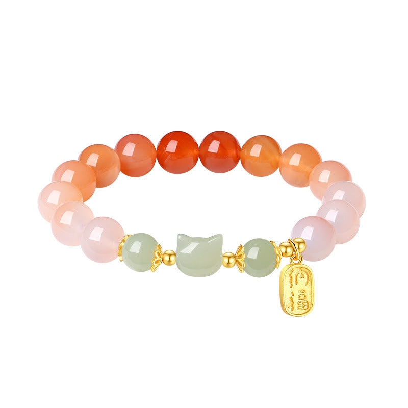 Red Agate & Hetian Jade Cat Bracelet - 925 Sterling Silver Chinese Style Jewelry | Unique Valentine's Gift for Women