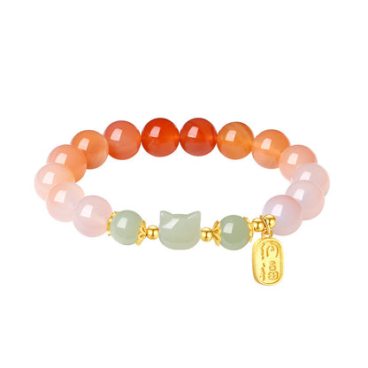 Red Agate & Hetian Jade Cat Bracelet - 925 Sterling Silver Chinese Style Jewelry | Unique Valentine's Gift for Women
