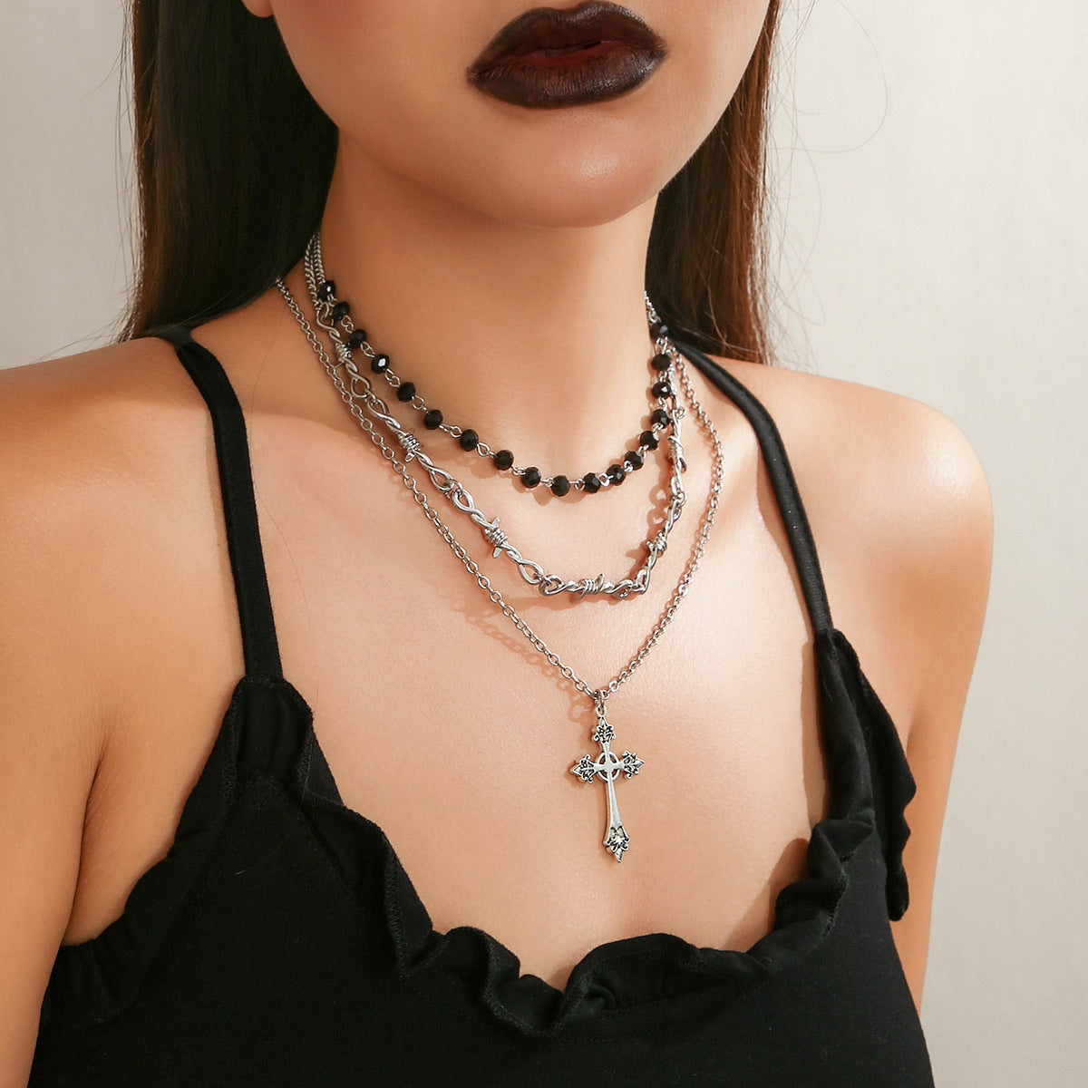 Hip-Hop Cross Pendant Sweater Chain Necklace Gothic Style Clavicle Chain