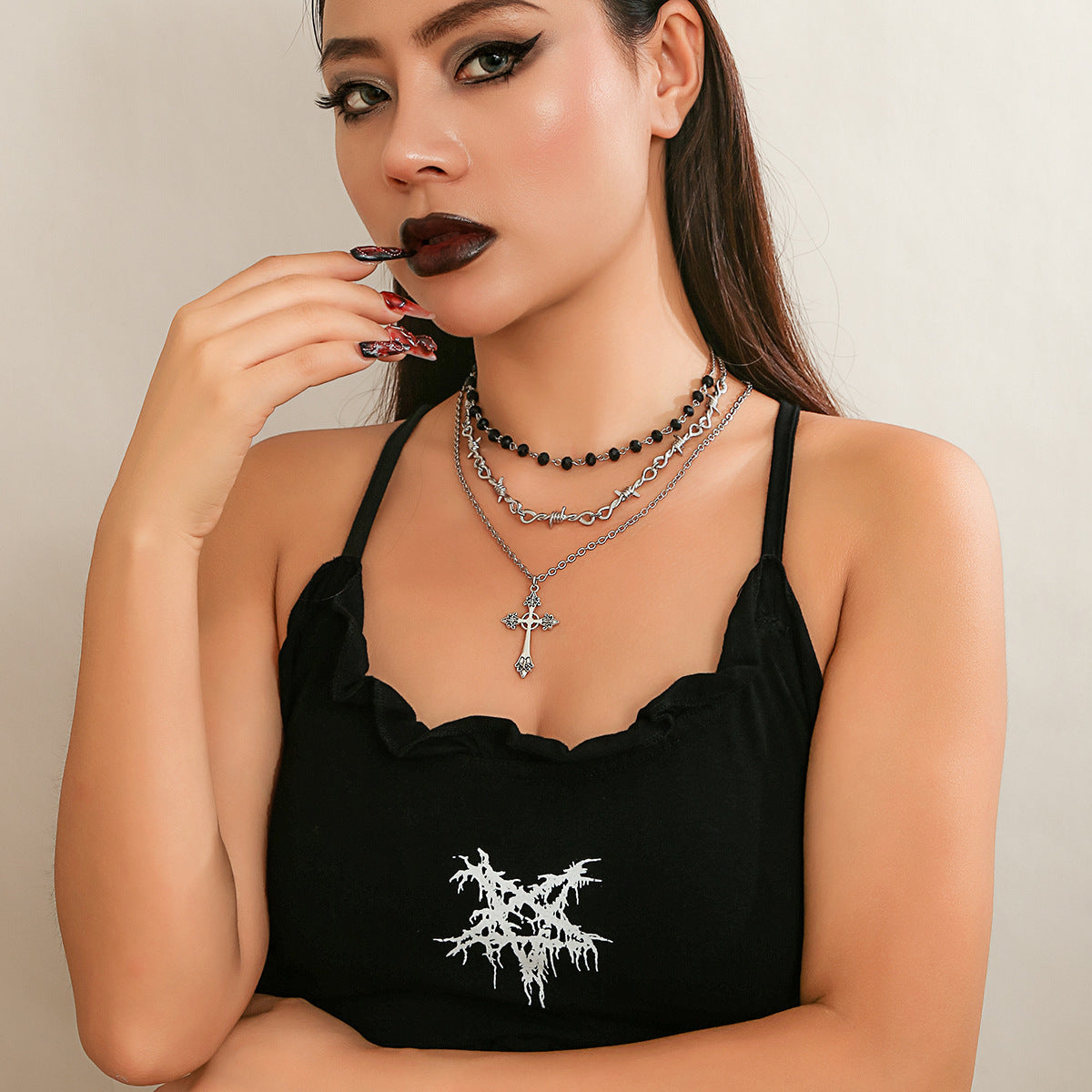 Hip-Hop Cross Pendant Sweater Chain Necklace Gothic Style Clavicle Chain