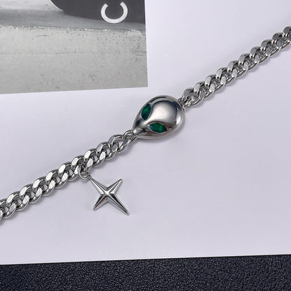 Hip Hop Cuban Chain Bracelet - Trendy Alien Pendant Stainless Steel Unisex Jewelry | Vintage Retro Adjustable Hand Chain