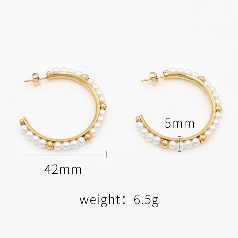 French Luxury Pearl Hoop Earrings - 18K Gold Plated Titanium Steel C-Shape Earrings