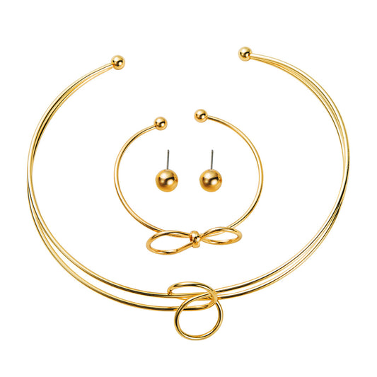 Minimalist Knotted Metal Jewelry Set - High Polish Earrings, Cuff & Choker | Contemporary Dainty Stackables