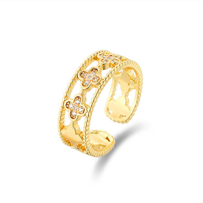 Luxury Hollow Clover Ring - Four-Leaf Diamond Accent Open Band, Dainty Stackable Gold/Silver Ring for Women