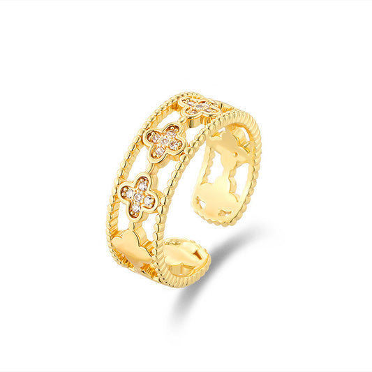 Luxury Hollow Clover Ring - Four-Leaf Diamond Accent Open Band, Dainty Stackable Gold/Silver Ring for Women