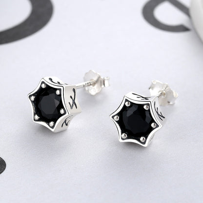 S925 Silver Stud Earrings Vintage Personality Black Diamond Hexagram Stud Earrings