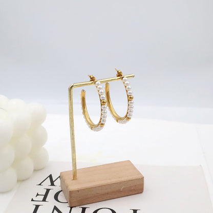 French Luxury Pearl Hoop Earrings - 18K Gold Plated Titanium Steel C-Shape Earrings