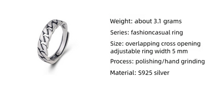 S925 Sterling Silver Korean Style Crossover Ring - Minimalist Lock Chain Square Band | Adjustable Open Stackable Ring for Women