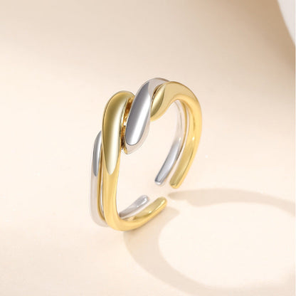 Double Ring S925 Silver Ring Plain Band Water Ripple Adjustable Ring Ins Style Simple Stacking Jewelry