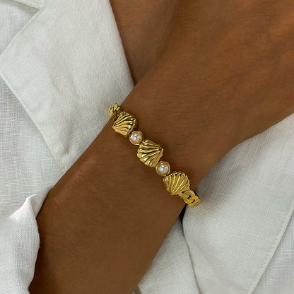 Boho Pearl Shell Bracelet for Women - Vintage Stainless Steel Cuff, Minimalist Instagram Jewelry, Unique Dainty Hand Chain
