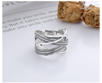 S925 Sterling Silver Ring Classic Feather Line Cross Trendy Adjustable