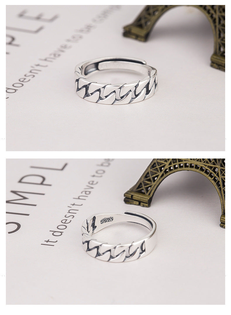 S925 Sterling Silver Korean Style Crossover Ring - Minimalist Lock Chain Square Band | Adjustable Open Stackable Ring for Women