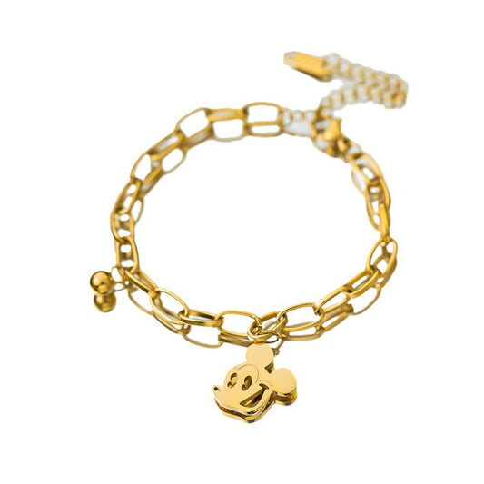 Disney-Inspired Mickey Mouse Pendant Bracelet - Gold Beaded Titanium Steel Chain, Dainty Adjustable Jewelry