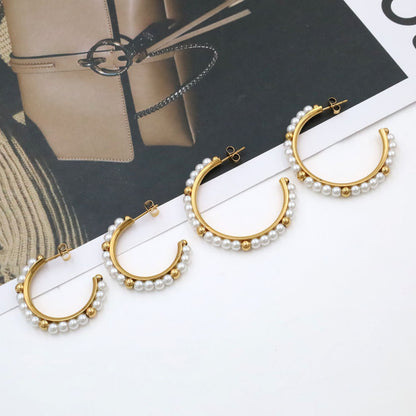 French Luxury Pearl Hoop Earrings - 18K Gold Plated Titanium Steel C-Shape Earrings