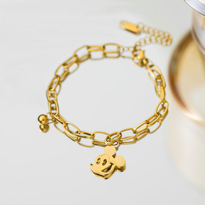 Disney-Inspired Mickey Mouse Pendant Bracelet - Gold Beaded Titanium Steel Chain, Dainty Adjustable Jewelry