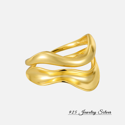 Irregular Wave Silver Ring for Women S925 Sterling Silver Versatile Double Layer Hollow Fashion Adjustable Ring