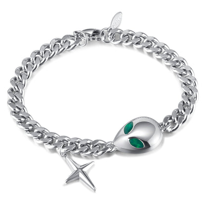 Hip Hop Cuban Chain Bracelet - Trendy Alien Pendant Stainless Steel Unisex Jewelry | Vintage Retro Adjustable Hand Chain