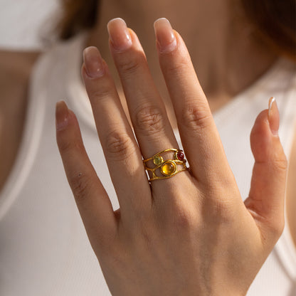 Baroque Open Band with Colorful Gemstones, Palace Style Titanium Steel Ring