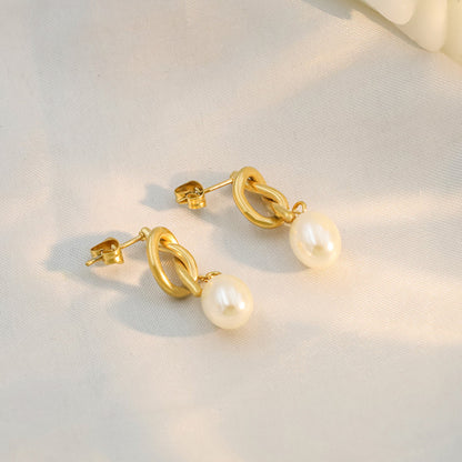 Titanium Steel Chanel Inspired Pearl Pendant Hoops Minimalist Studs for Women