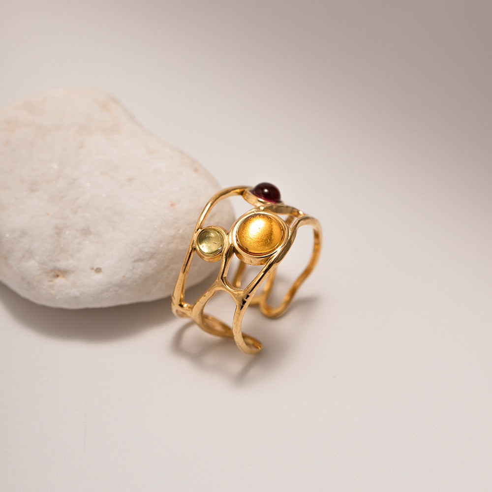 Baroque Open Band with Colorful Gemstones, Palace Style Titanium Steel Ring