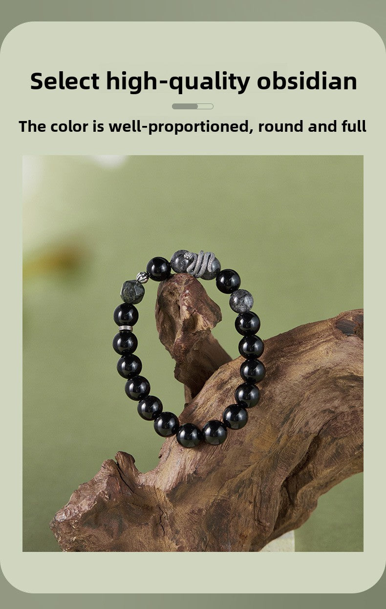 S925 Sterling Silver Black Obsidian & Tourmalinated Quartz Snake Year Bracelet | Yin Yang Protection Jewelry | Zen Buddhist Style Gift for Him