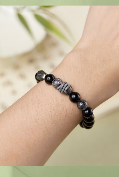 S925 Sterling Silver Black Obsidian & Tourmalinated Quartz Snake Year Bracelet | Yin Yang Protection Jewelry | Zen Buddhist Style Gift for Him