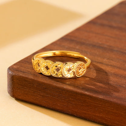 S925 Sterling Silver Ring Money Comes in Abundance Copper Coin Ring New Chinese Style National Trend Crushed Ice Five Emperor Coins Fashion CNC Ring