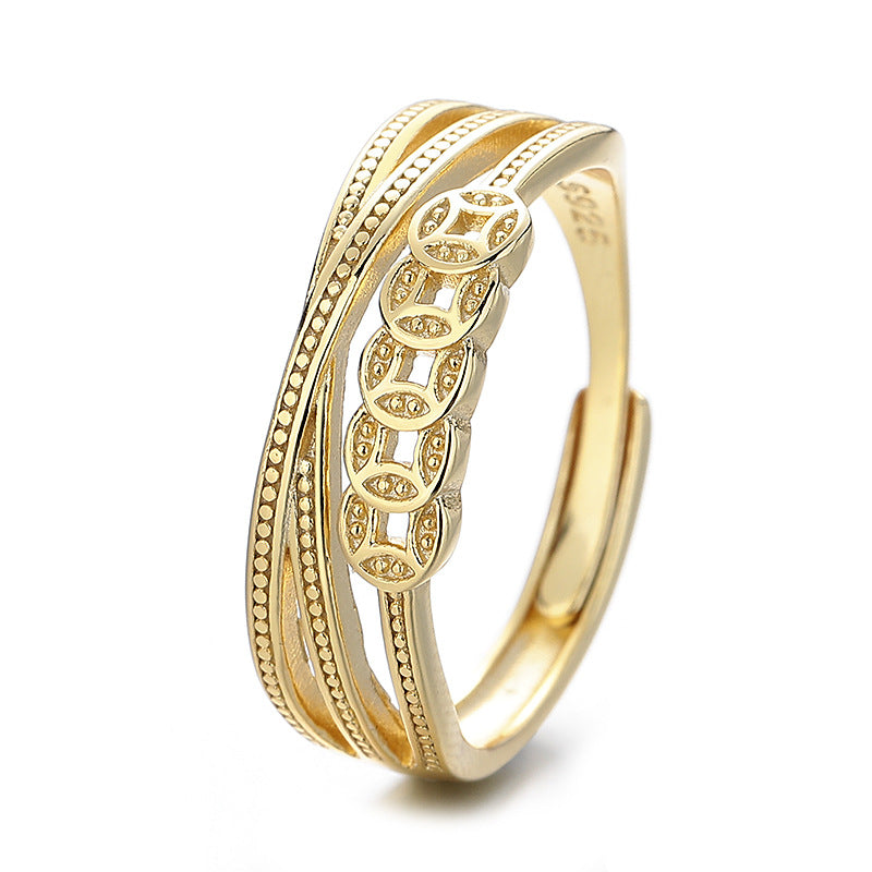 S925 Sterling Silver Ring Copper Coin Pattern Ring Vintage Oxidized Ethnic Style Multi-layer Wrapped