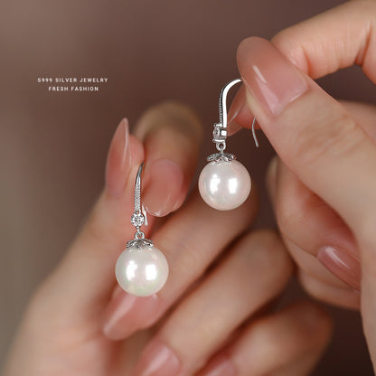 S999 Sterling Silver Imitation Pearl Inlaid with Shiny Zircon Ear Hook Earrings